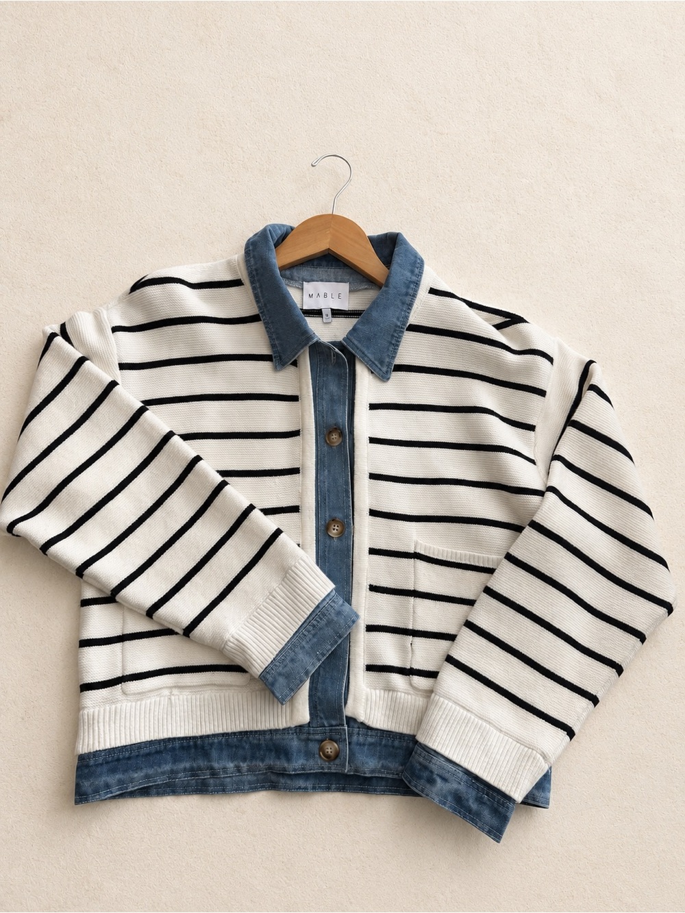 MABLE Cream and Black Striped Top or Cardigan with Denim Trim